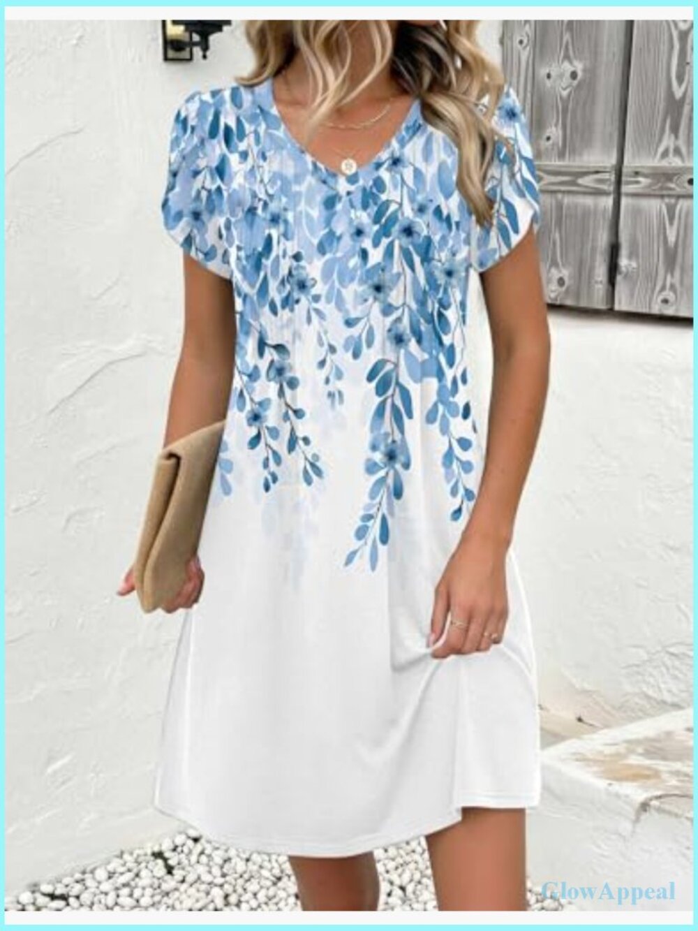 V Neck Pleated Casual A Line Dress Floral Boho Sundress - Picture 3 of 6